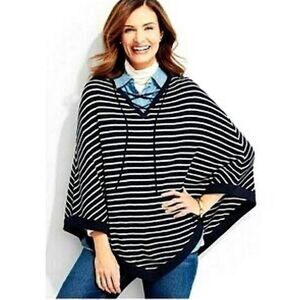 Talbots Navy Blue & White Striped Cotton Blend Lace-Up Poncho Sweater Medium
